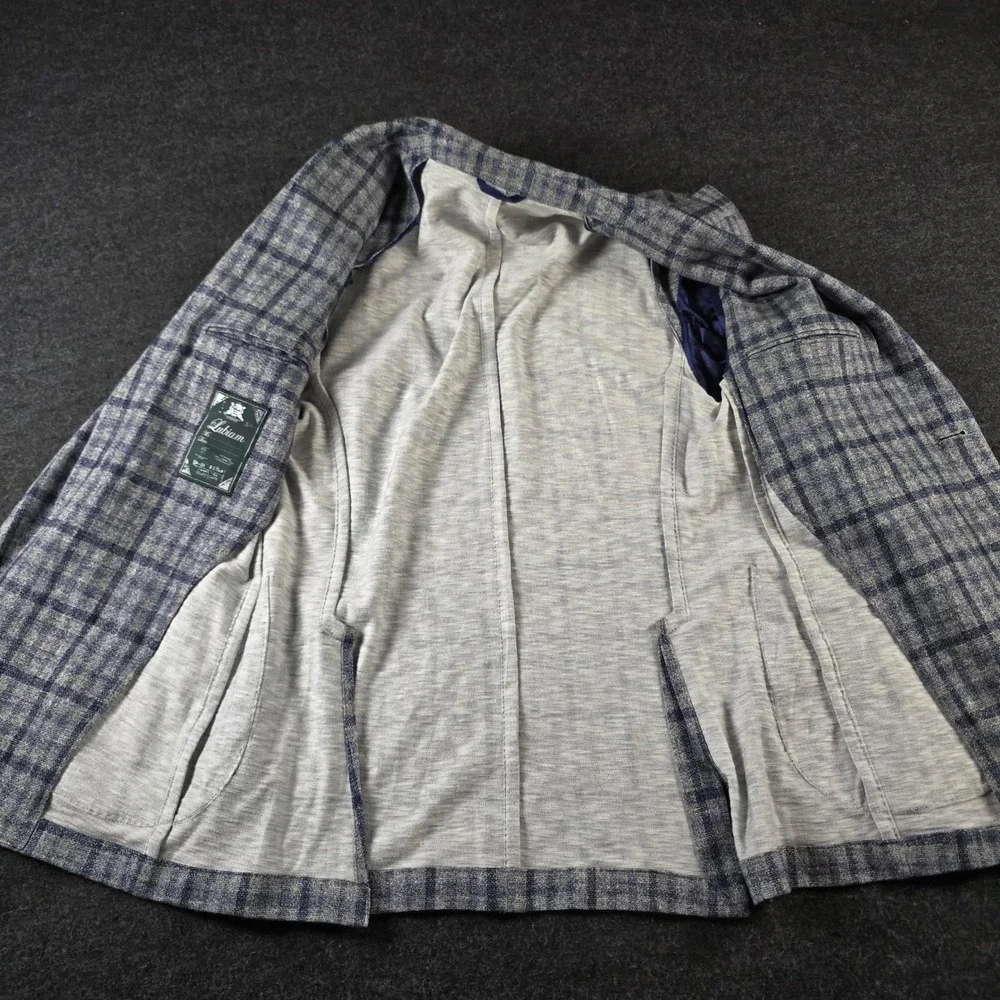 Lubiam Blue Grey Plaid Blazer Unstructured Sport Coat Cotton Mens 50R (fits 38R)